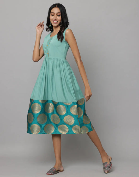 Sky Blue Ethnic Frock Dress with Floral Brocade & Coin Lace