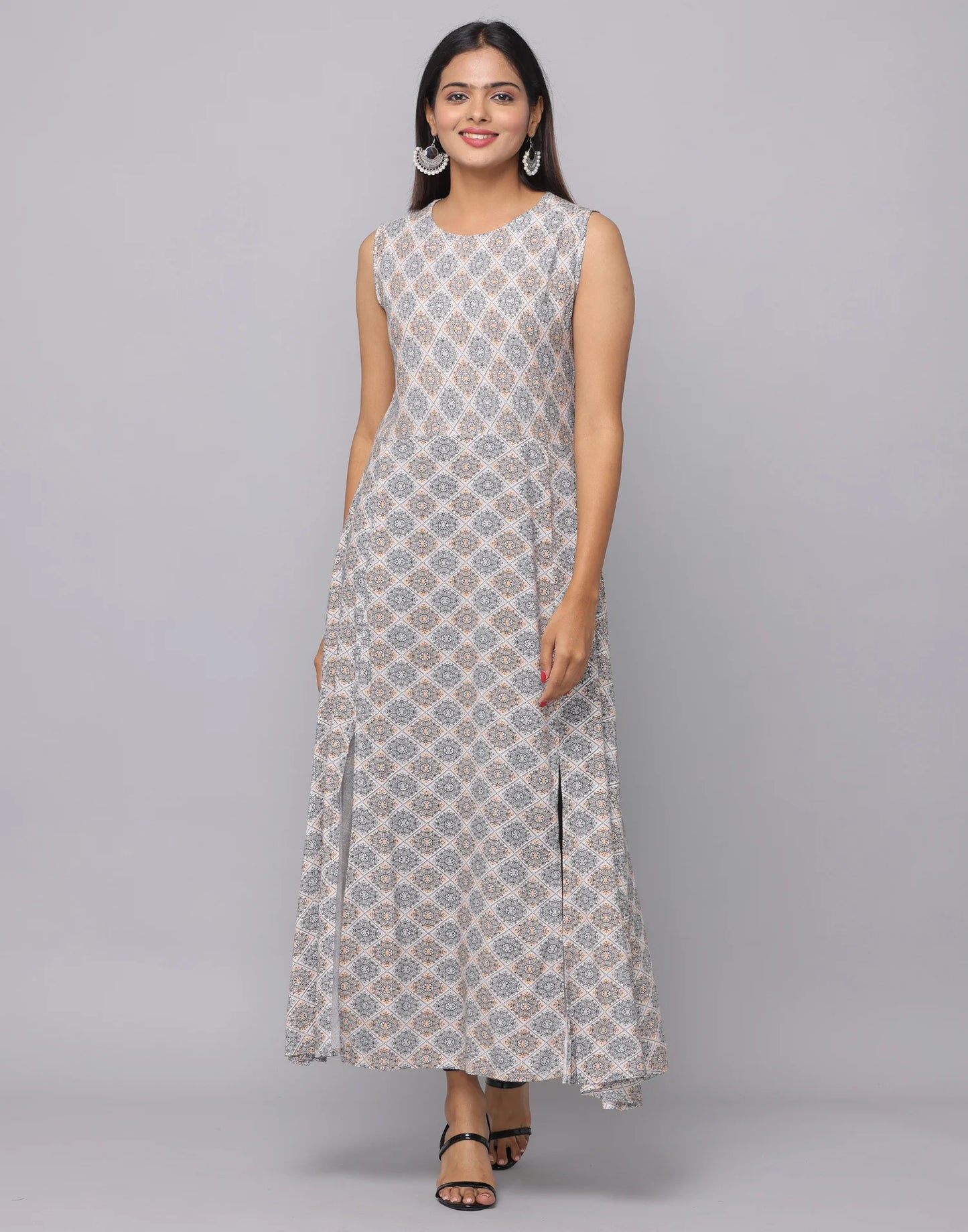 Cream Floral Sleeveless Full-Length Kurta with Front Slits