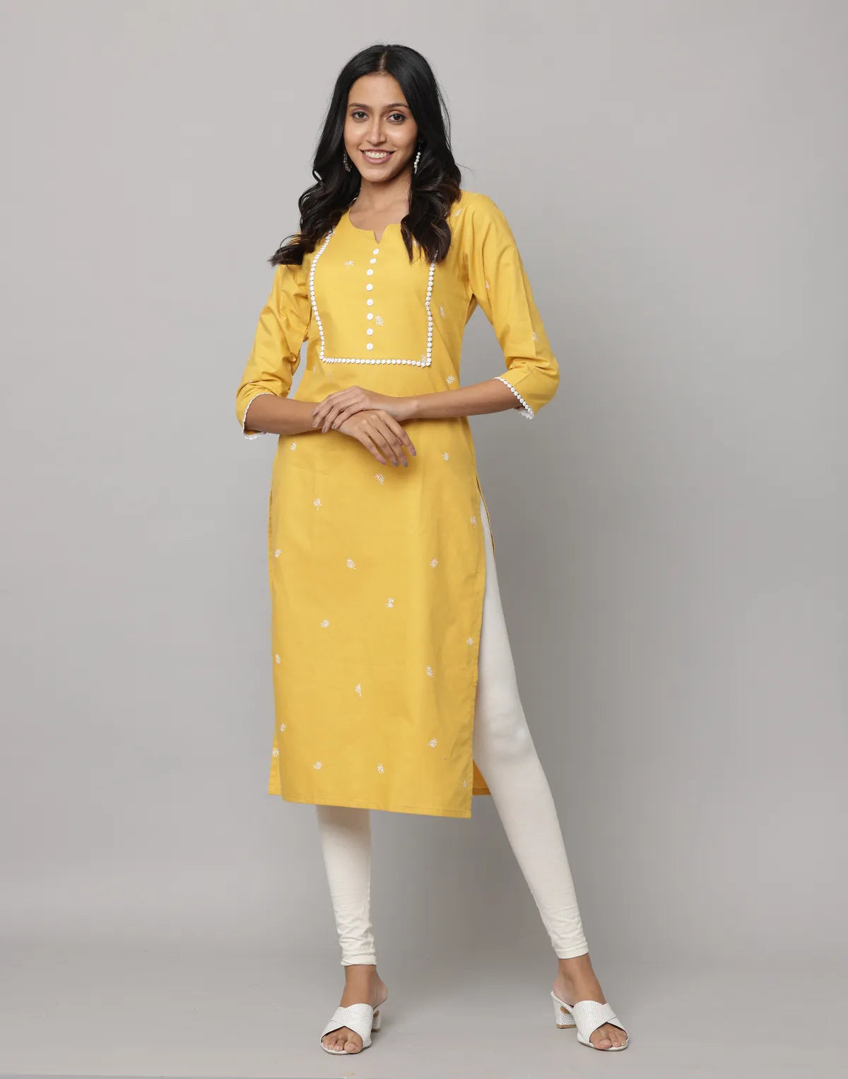 Yellow Lace-Trimmed Decollete Neck Kurta