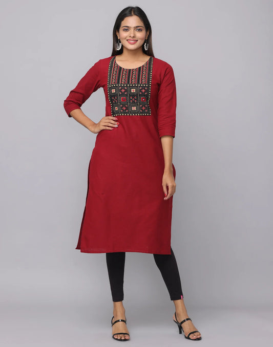 Maroon Round Neck Front Yoke Patch Kurta with 3/4 Sleeve