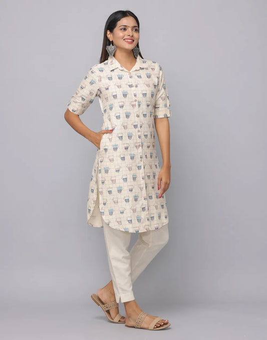 Cream Full-Length Kurta Set with Shirt Collar & Pockets