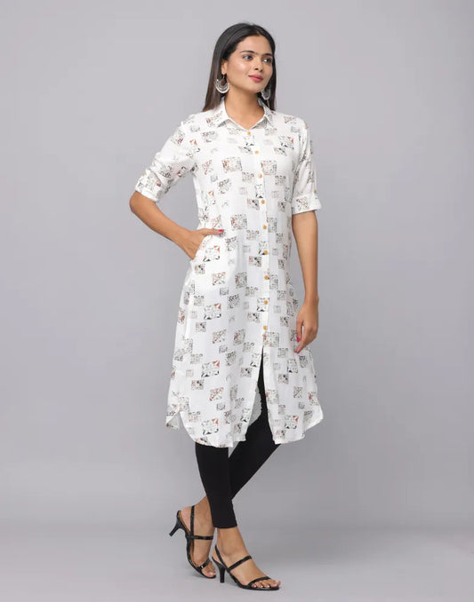 White Shirt Collar Full-Length Kurta with Pockets