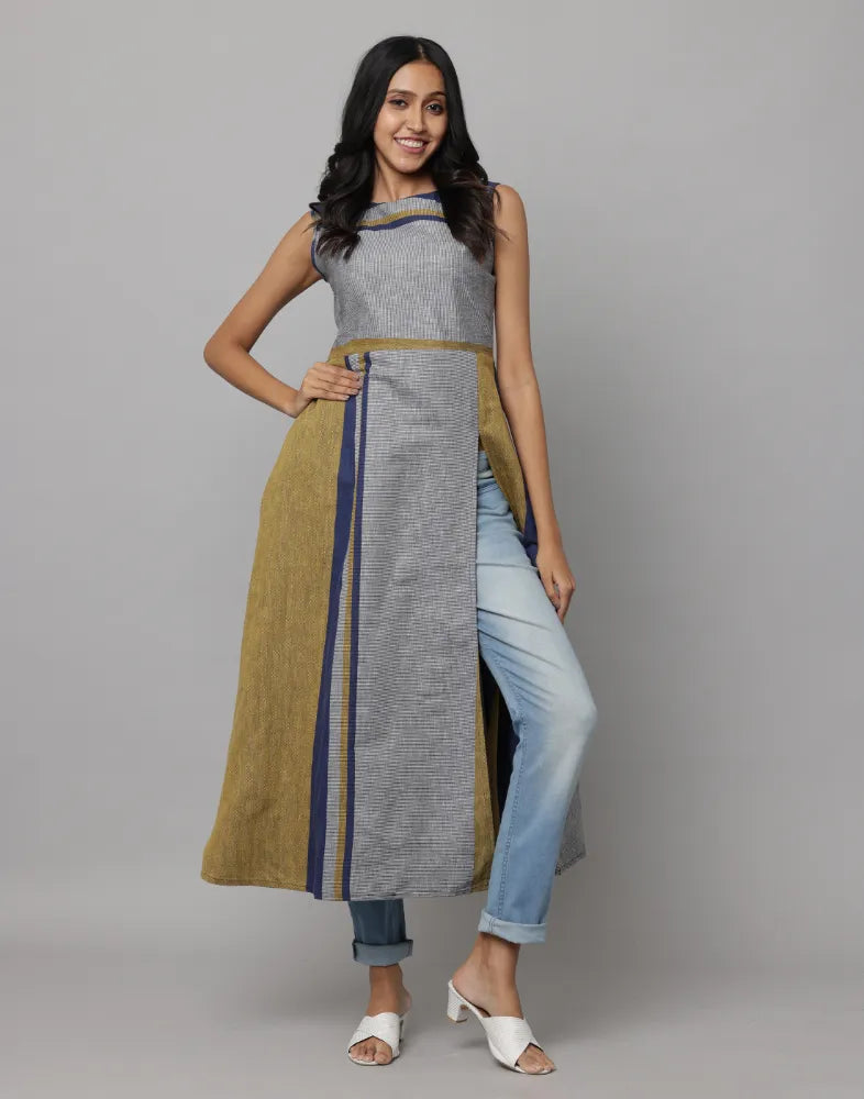 Y/D Stripe Grey & Mustard Sleeveless Kurta