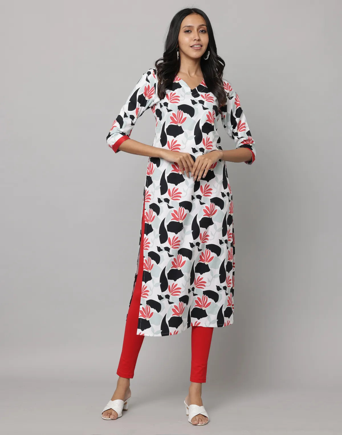 Floral V-Neck Straight Cut Long Kurta