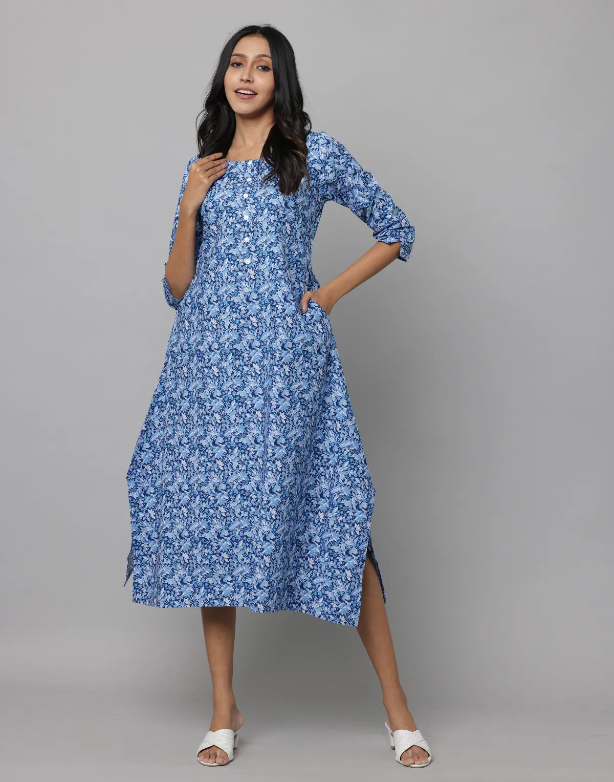 Floral Print Sky Blue Dress with Button Placket 