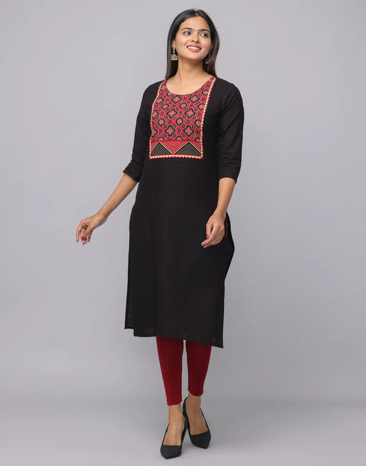 Round Neck Black 3/4 Sleeve Kurta with Front Yoke Patch