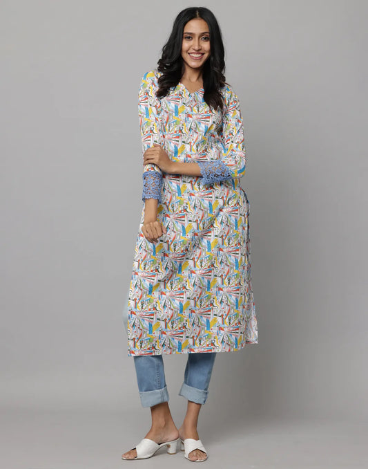 Cream Floral V-Neck Kurta with Lace Trim