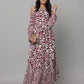 Maroon Floral Full-Length Dress with Shoulder Sleeves