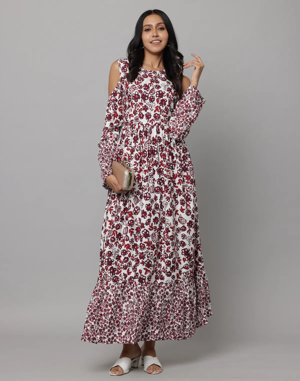 Maroon Floral Full-Length Dress with Shoulder Sleeves