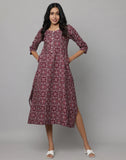 Maroon Floral Print Free Fit Dress with Side Slits