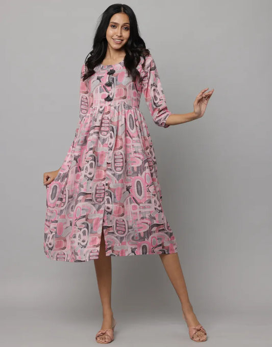 Pink Floral Printed Frock Style Kurta with 3/4th Sleeves