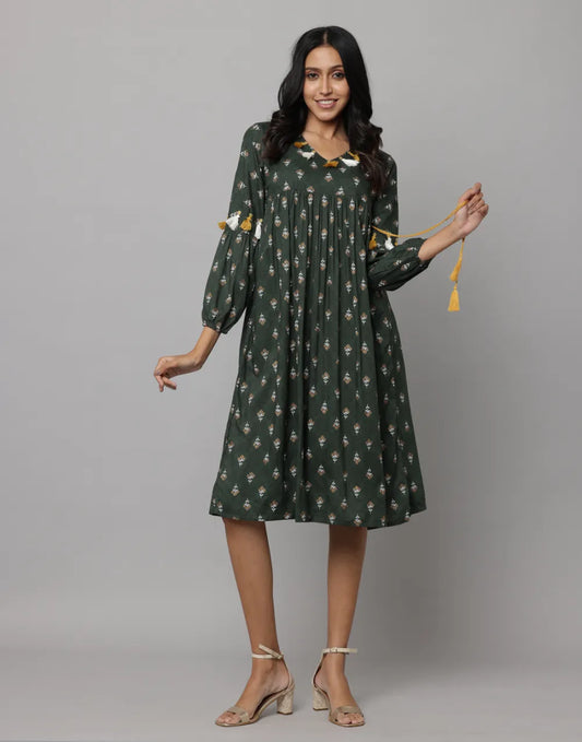 Dark Green Floral Dress with 3/4th Sleeves & Side String