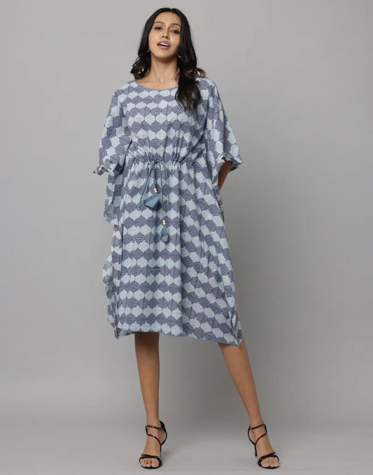 Navy Blue Bagru Print U Neck Kaftan with Waist Tie