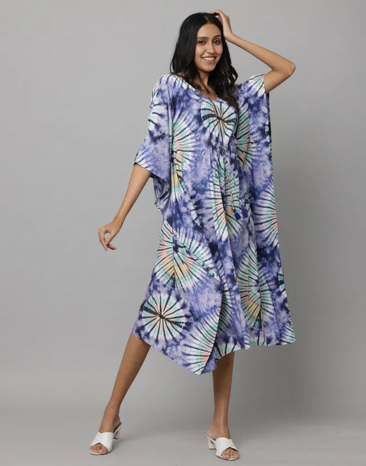 Navy Blue Abstract Print U Neck Kaftan with Waist Tie