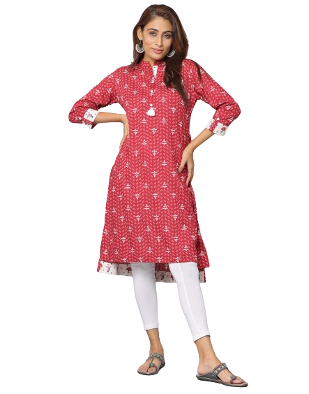 Floral Print Mandarin Collar Slim Fit 3/4th Sleeve Kurta