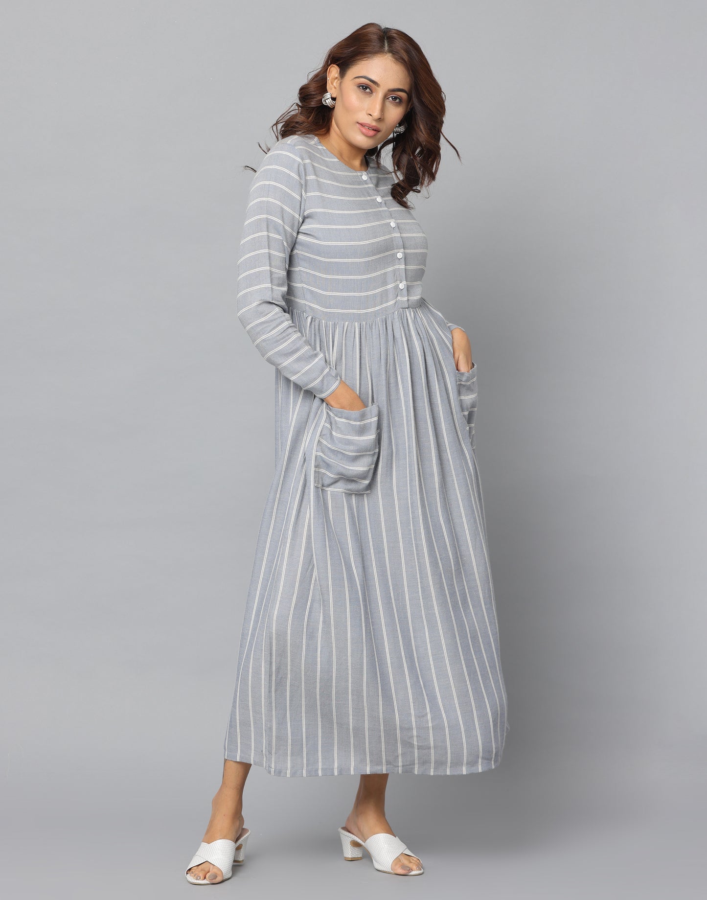 Striped Round Neck Front Open Full Sleeve Flared Dress