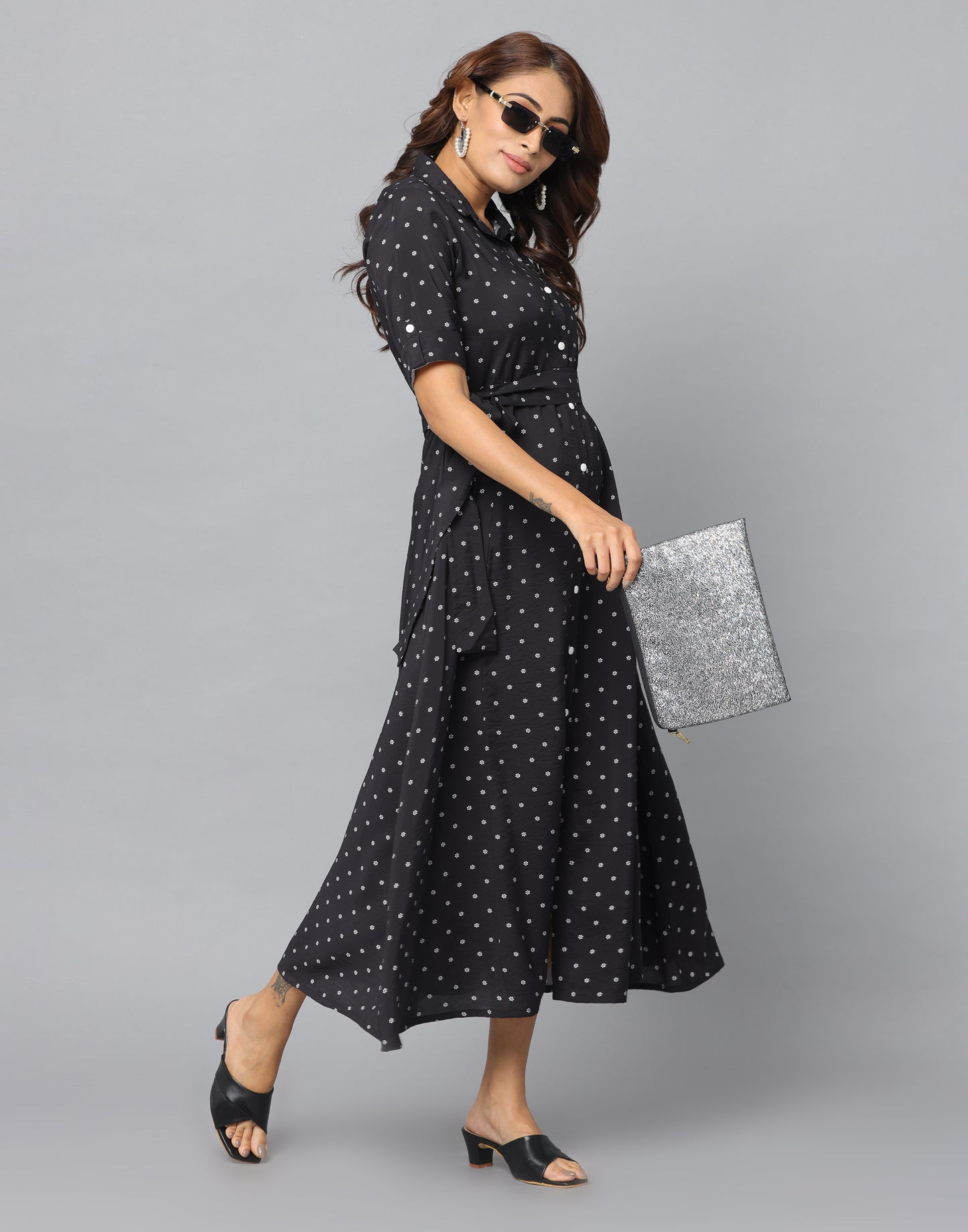 Floral Print Slim Fit Elbow Length Sleeve Dress