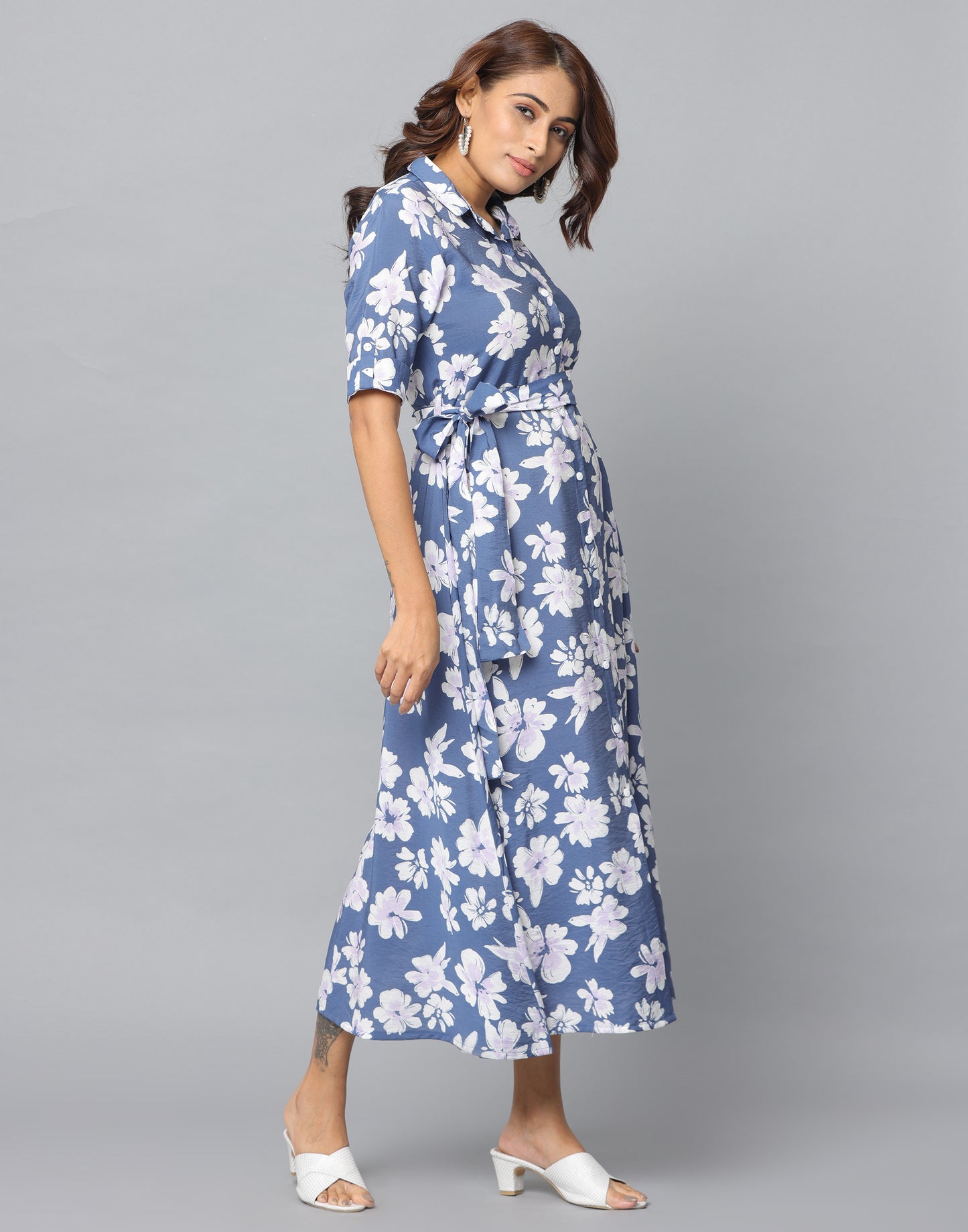 Floral Print Slim Fit Elbow Length Sleeve Dress