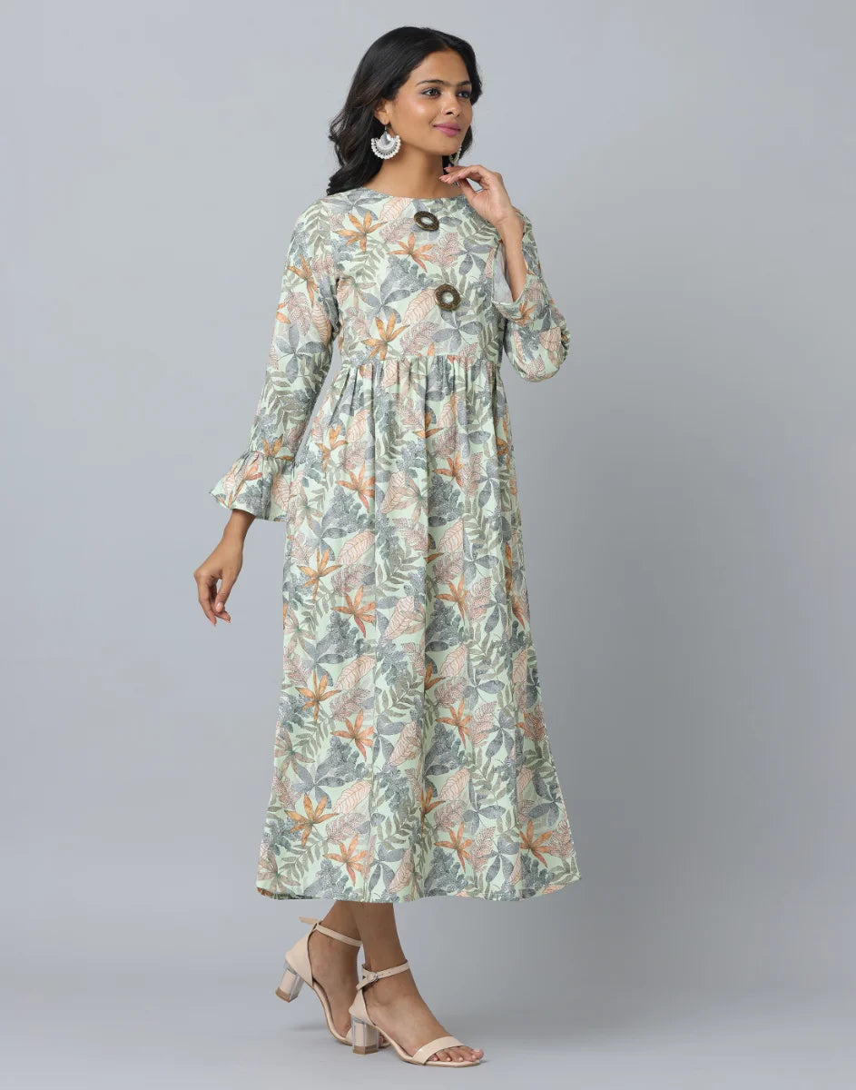 Floral Print Slim Fit Long Flared Sleeve Casual Dress