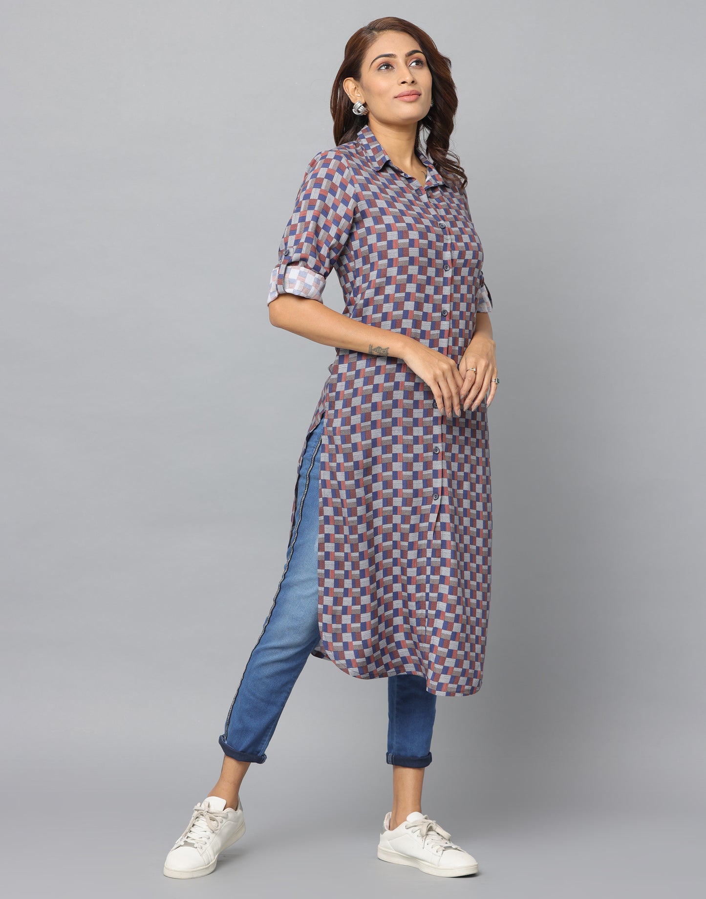 Checks Print Slim Fit 3/4th Sleeve Kurta