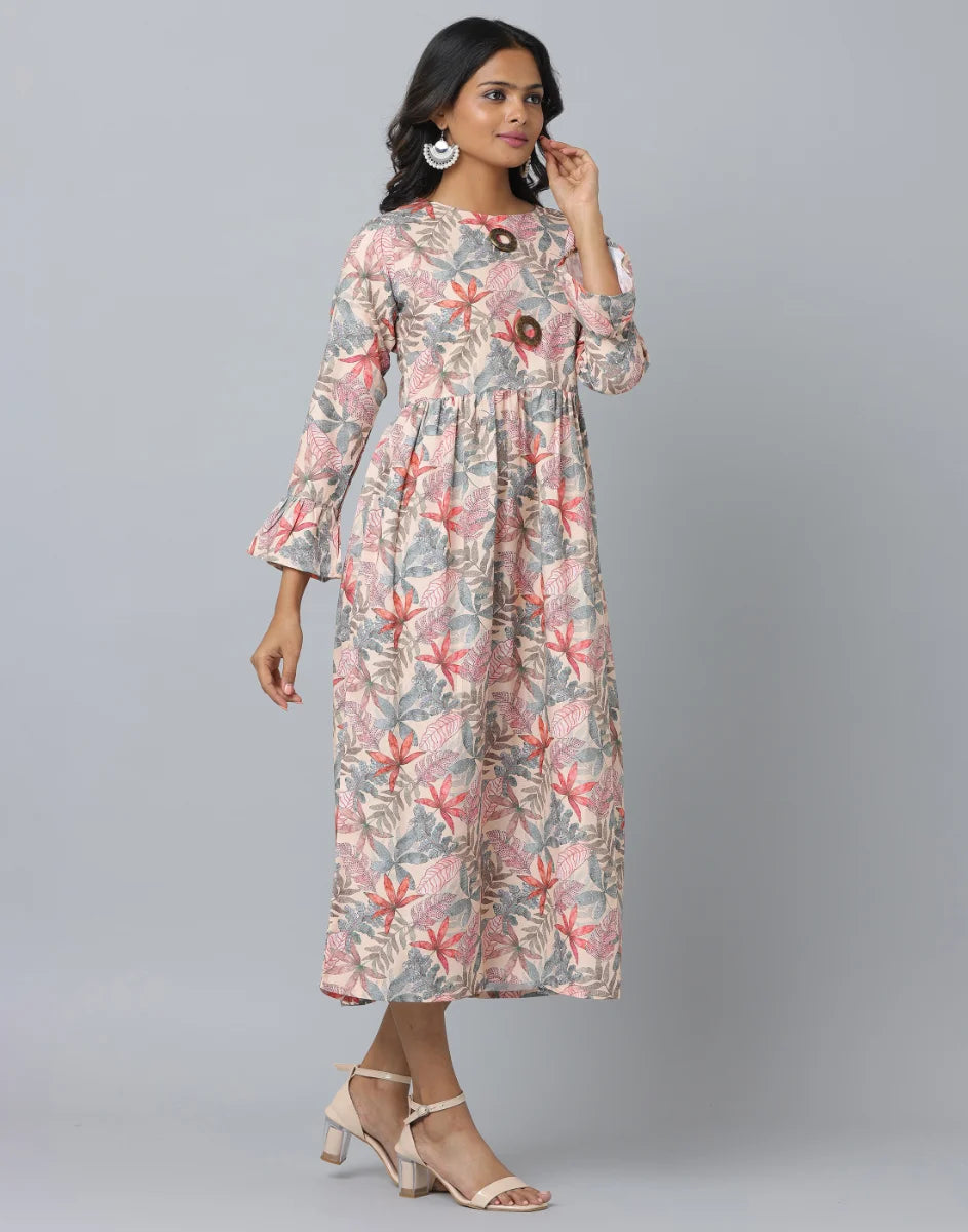 Floral Print Slim Fit Long Flared Sleeve Casual Dress