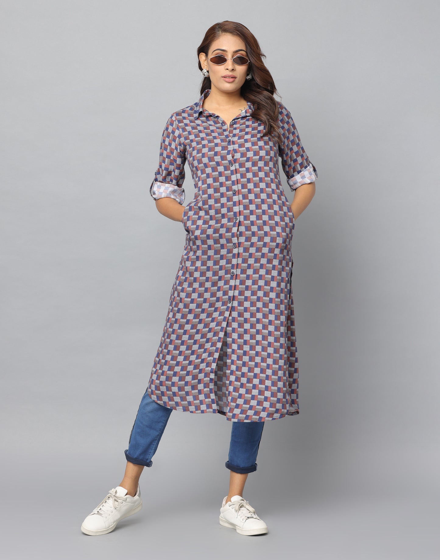 Checks Print Slim Fit 3/4th Sleeve Kurta