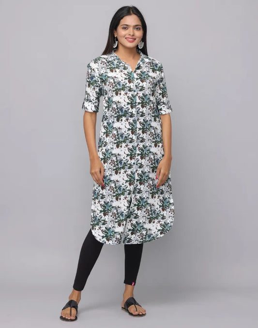 Printed Slim Fit Elbow Length Sleeve Front Open Placket Collored Kurta