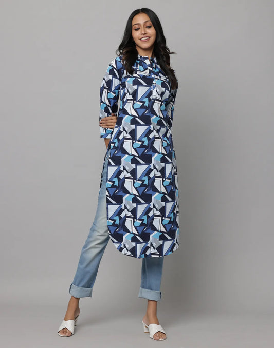 Geomatrical Print Mandarin Collar 3/4th Sleeves Kurta