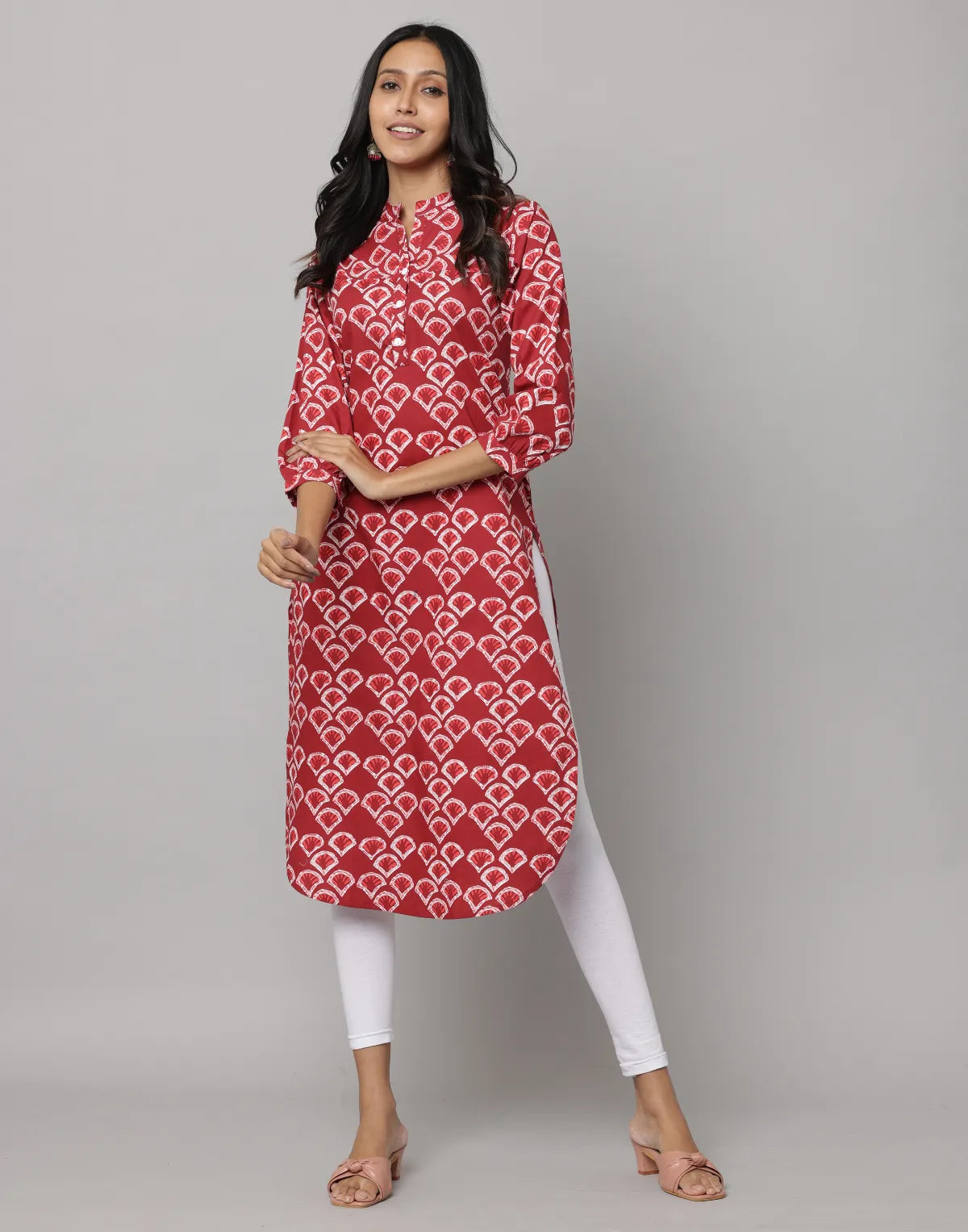 Floral Print Mandarin Collar 3/4th Sleeves Kurta