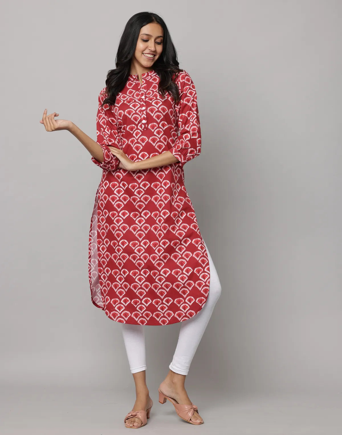 Floral Print Mandarin Collar 3/4th Sleeves Kurta