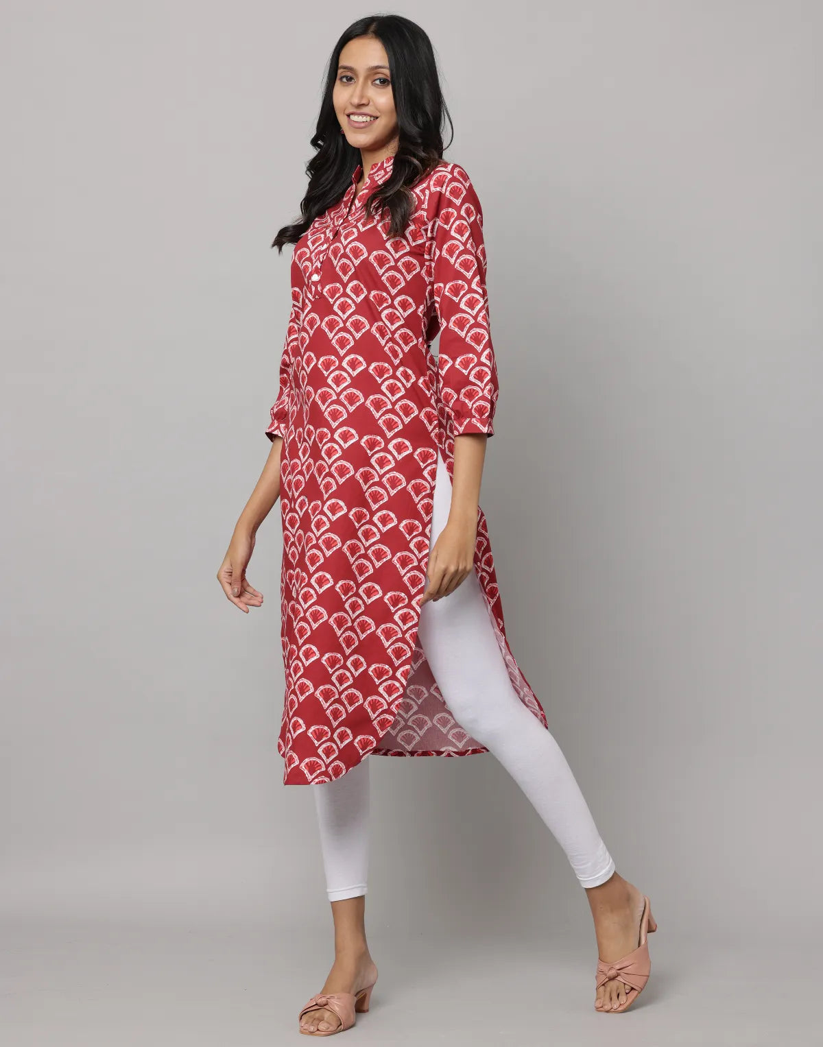 Floral Print Mandarin Collar 3/4th Sleeves Kurta