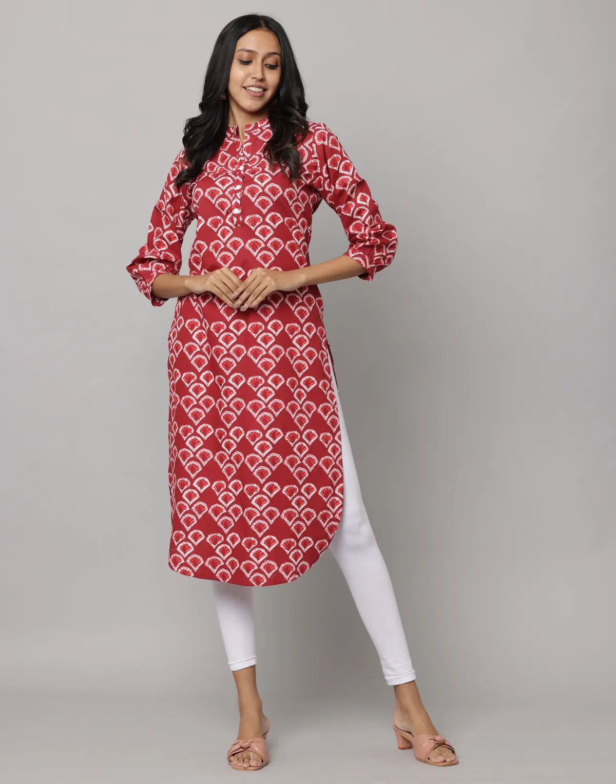 Floral Print Mandarin Collar 3/4th Sleeves Kurta