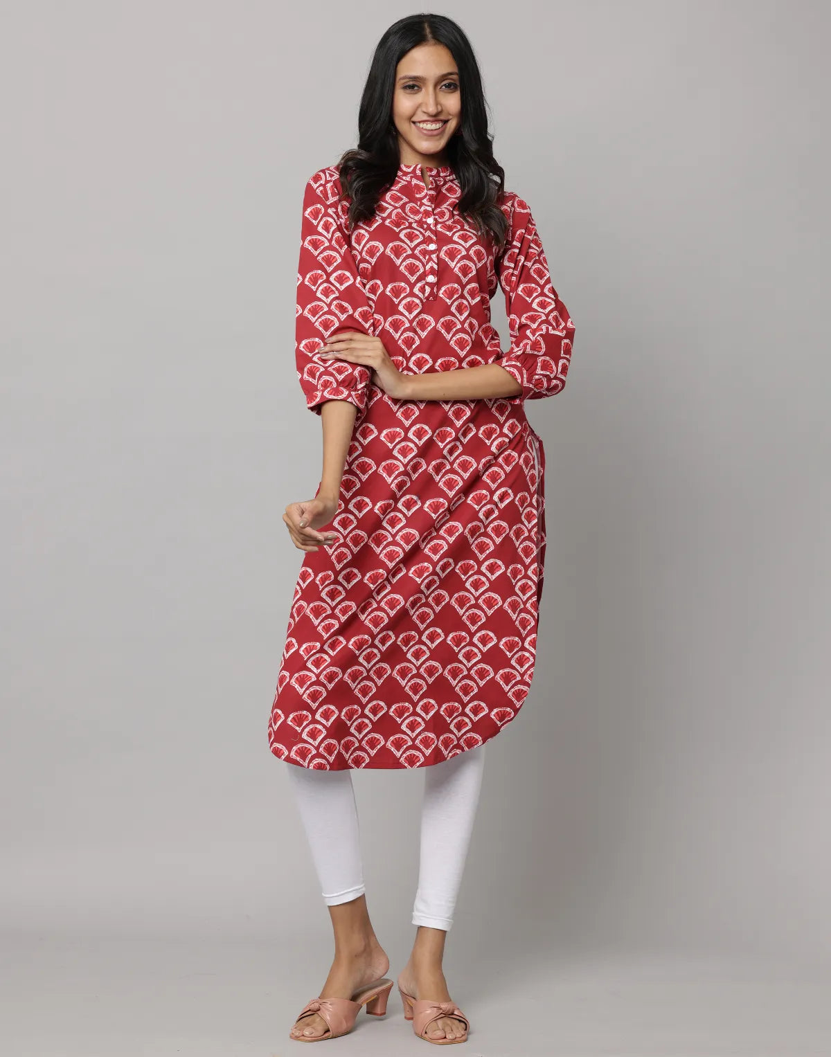 Floral Print Mandarin Collar 3/4th Sleeves Kurta