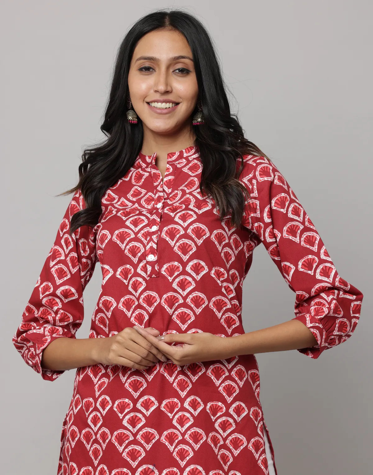 Floral Print Mandarin Collar 3/4th Sleeves Kurta