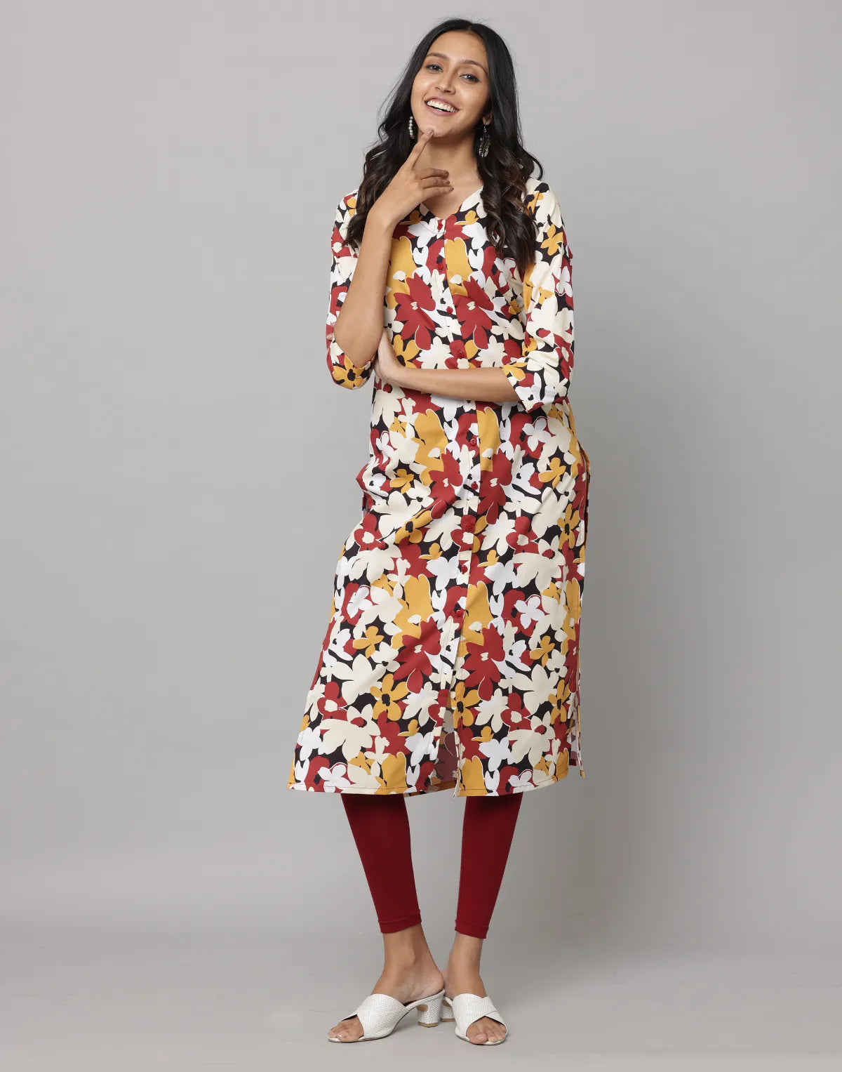 Floral Print Mandarin Collar 3/4th Sleeve Kurta