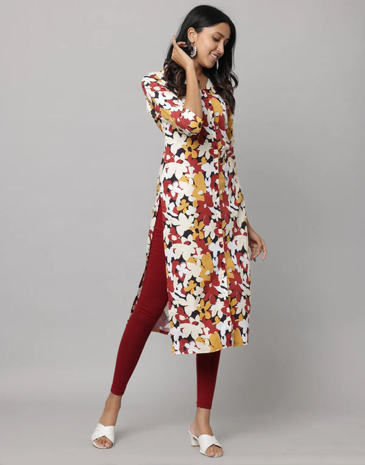 Floral Print Mandarin Collar 3/4th Sleeve Kurta