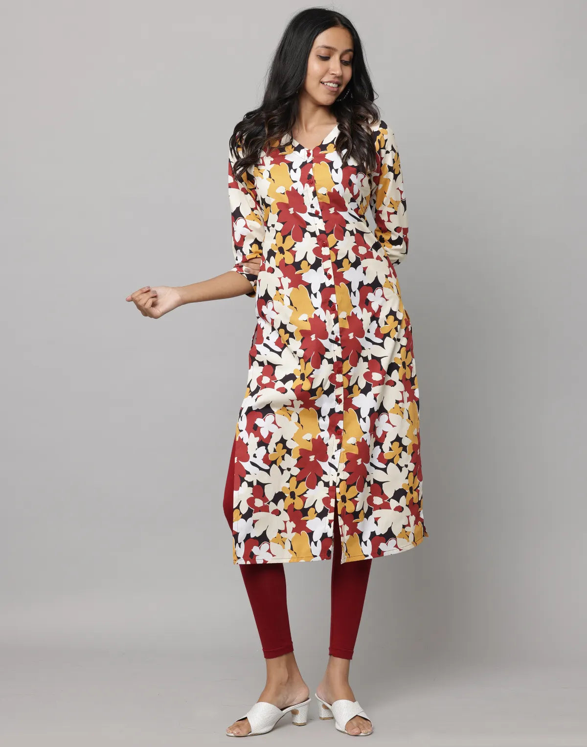 Floral Print Mandarin Collar 3/4th Sleeve Kurta