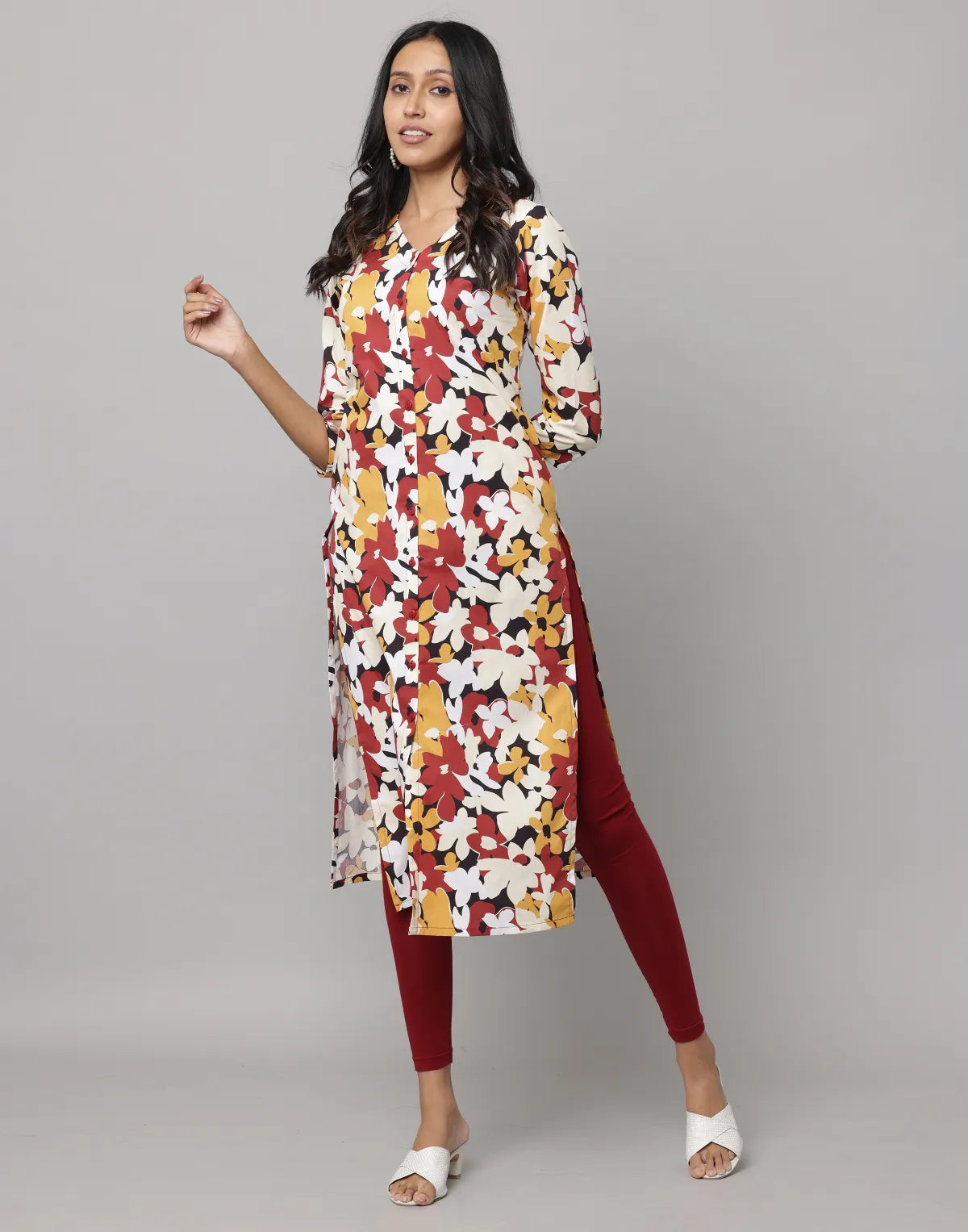 Floral Print Mandarin Collar 3/4th Sleeve Kurta