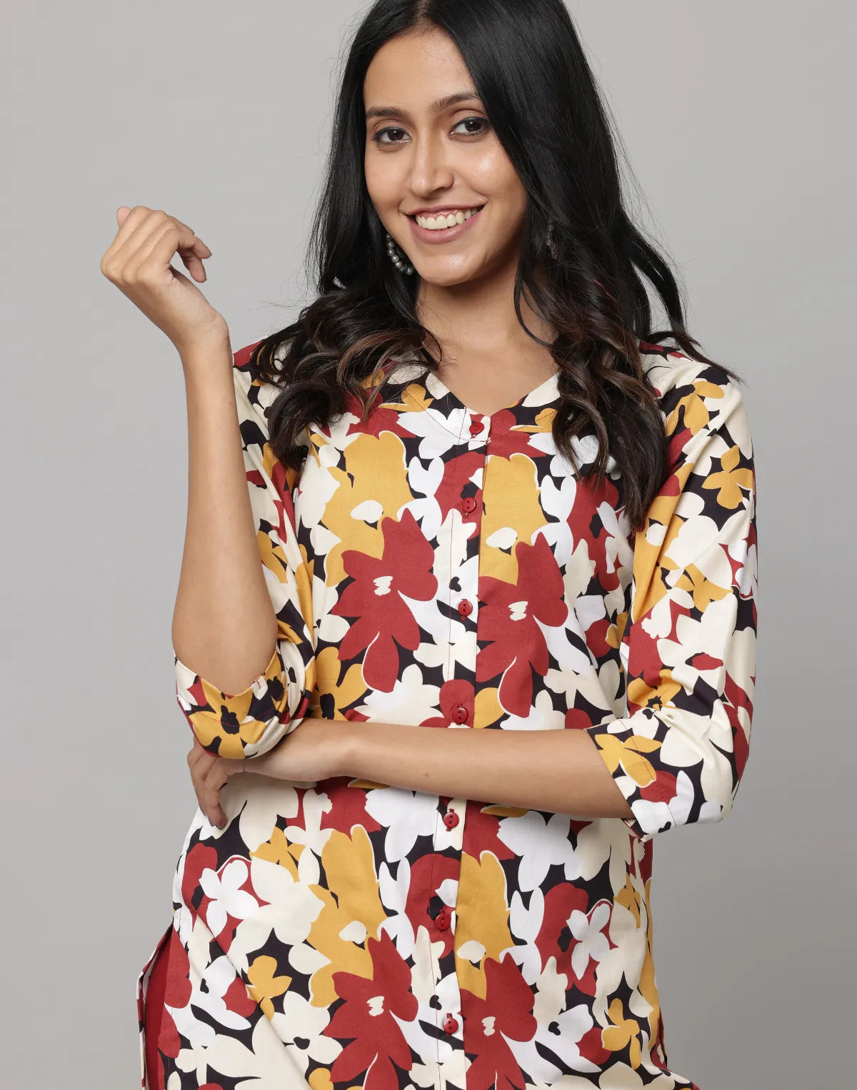 Floral Print Mandarin Collar 3/4th Sleeve Kurta