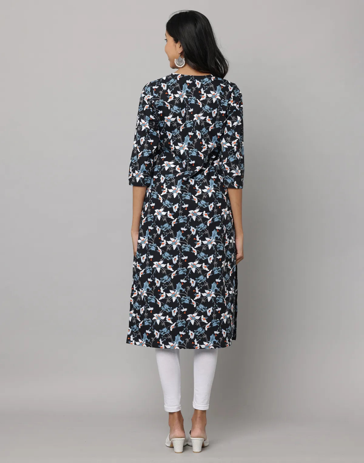 Floral Print Mandarin Collar 3/4th Sleeve Kurta