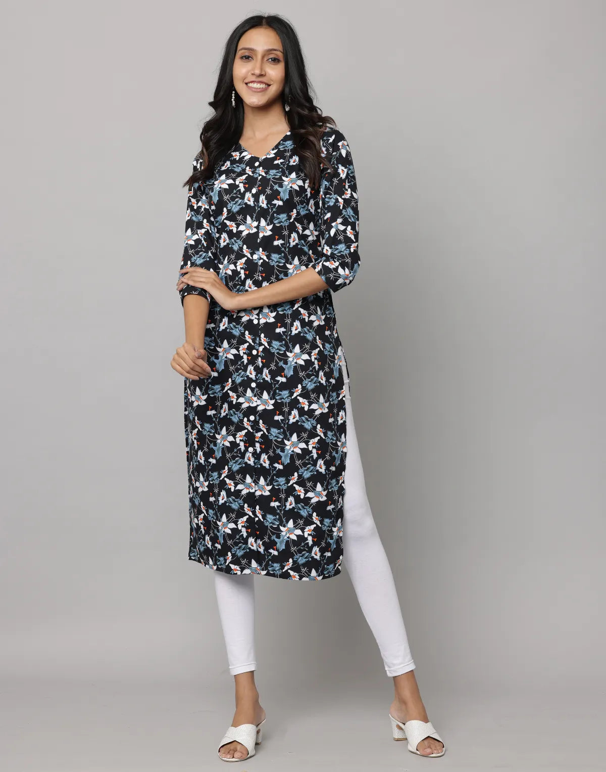 Floral Print Mandarin Collar 3/4th Sleeve Kurta