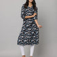 Floral Print Mandarin Collar 3/4th Sleeve Kurta