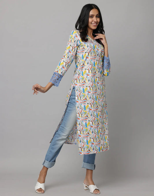 Floral Printed V Neck 3/4t Sleeve Length Straight Cut Kurta