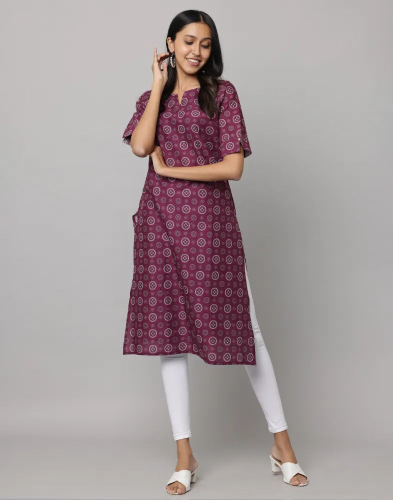 Floral Print Elbow Length Sleeve Straight Cut Kurta