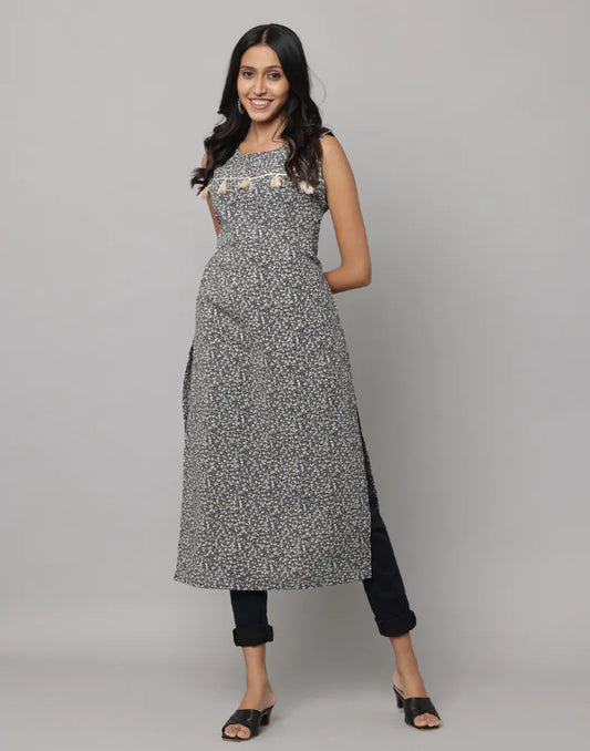 Floral Print Sleeveless Straight Cut kurta