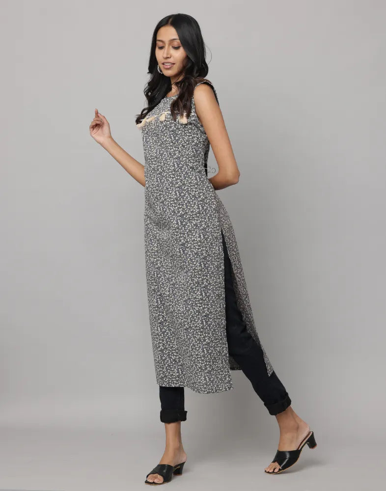 Floral Print Sleeveless Straight Cut kurta