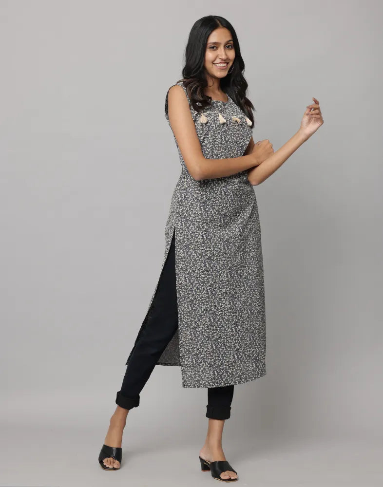 Floral Print Sleeveless Straight Cut kurta