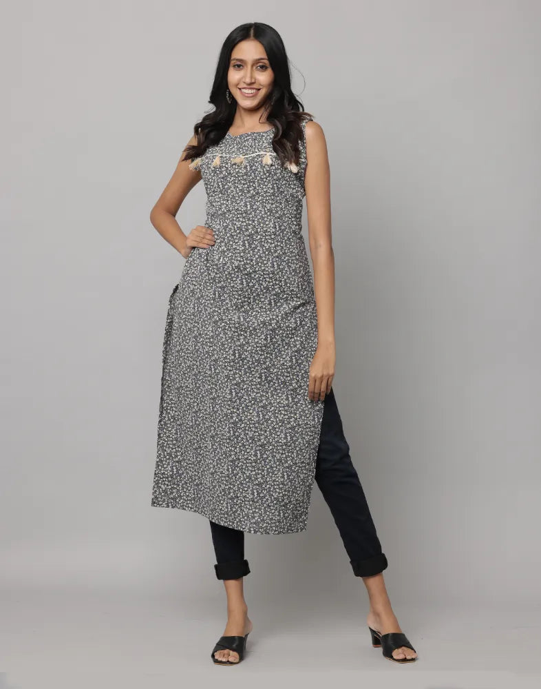 Floral Print Sleeveless Straight Cut kurta