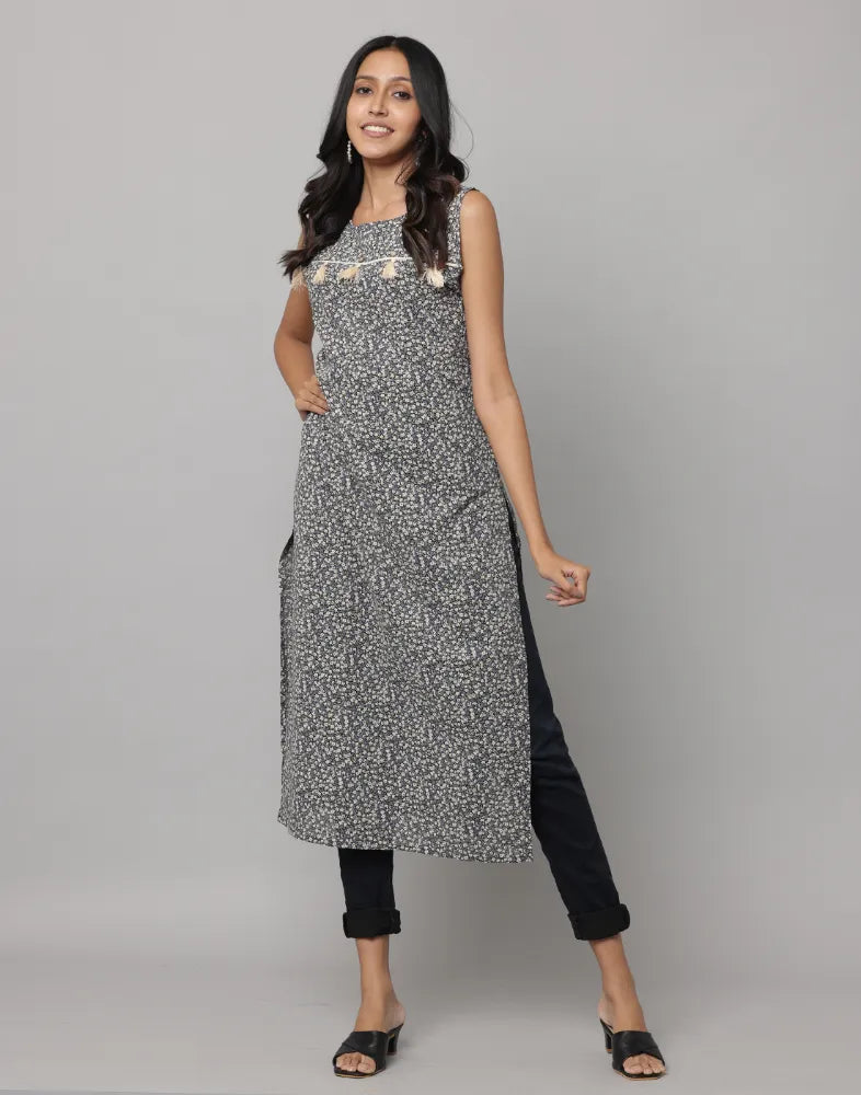 Floral Print Sleeveless Straight Cut kurta