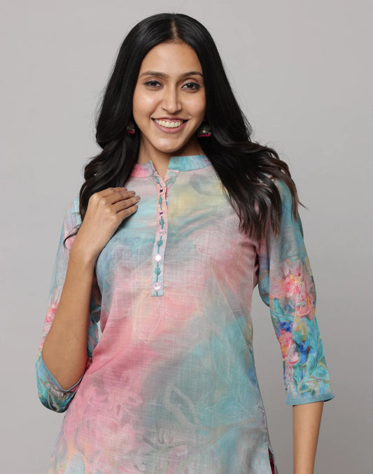 Floral Printed Straight Cut Kurta WIth 3/4 Sleeve